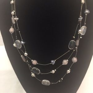 Layered 3 Silver Wire Gray & Black Beaded Necklace